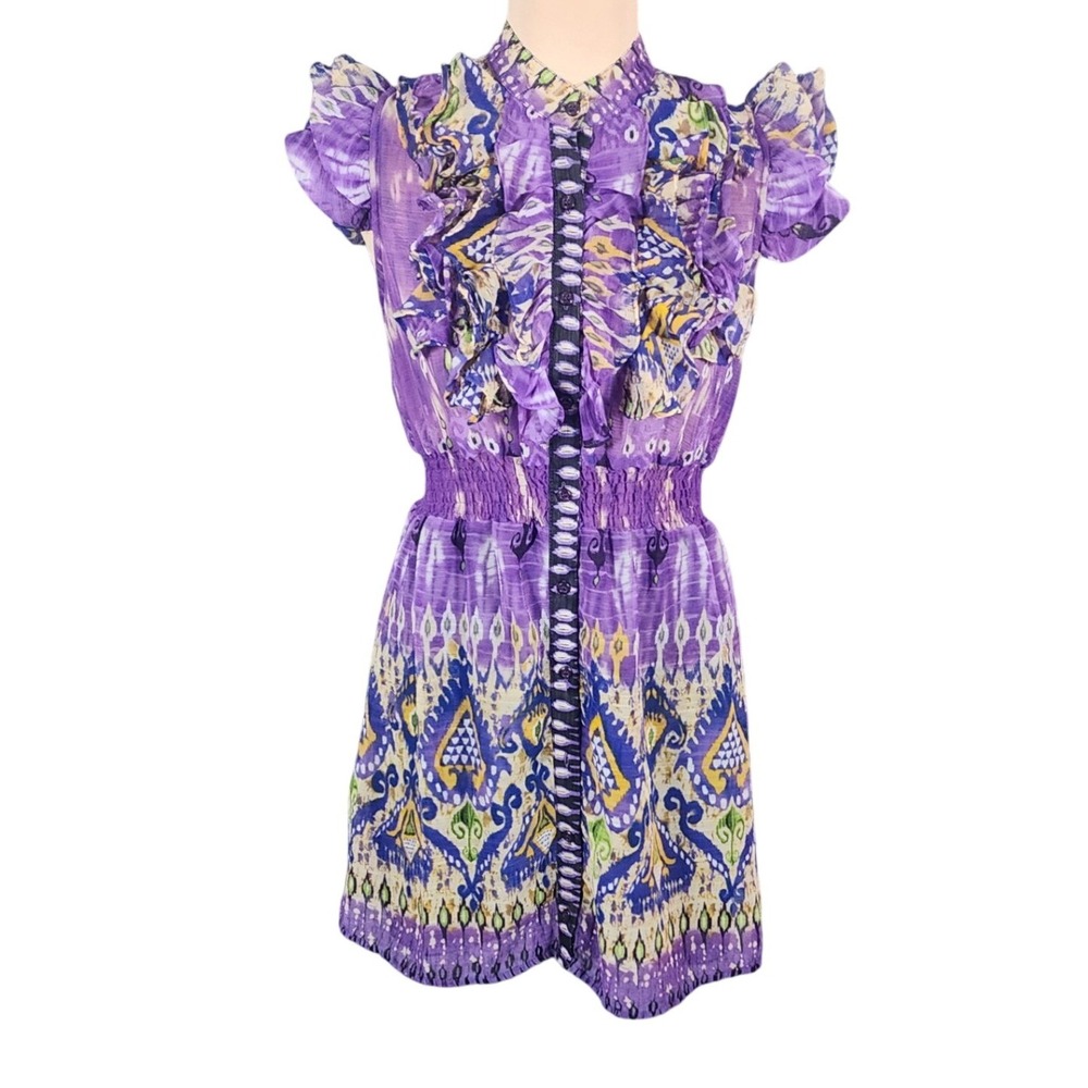 5th Culture Purple Ikat Ruffle Mini Dress Sz S Smocked Waist Boho Colorful Artsy